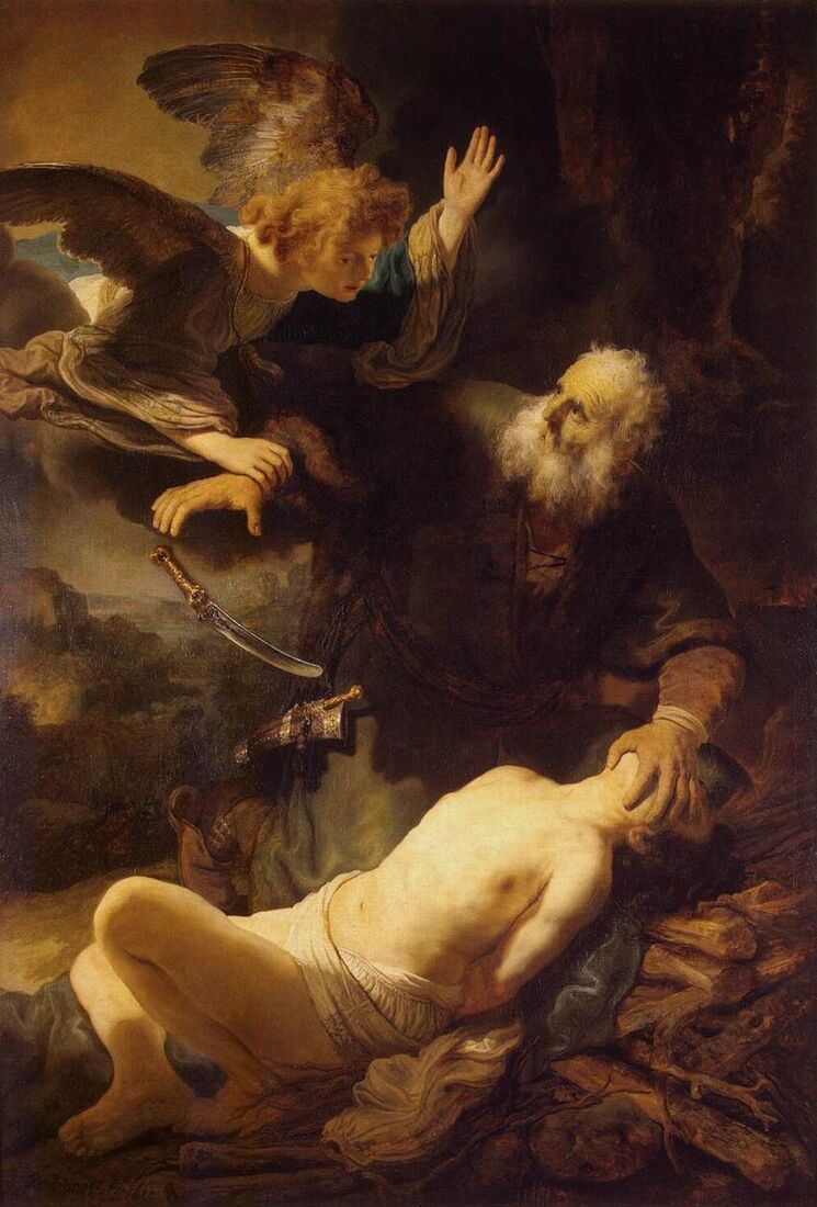 Rembrandt, "The Sacrifice of Abraham" (1635). The angel seizes the hand — the knife still in the air, Abraham's face between horror and obedience.