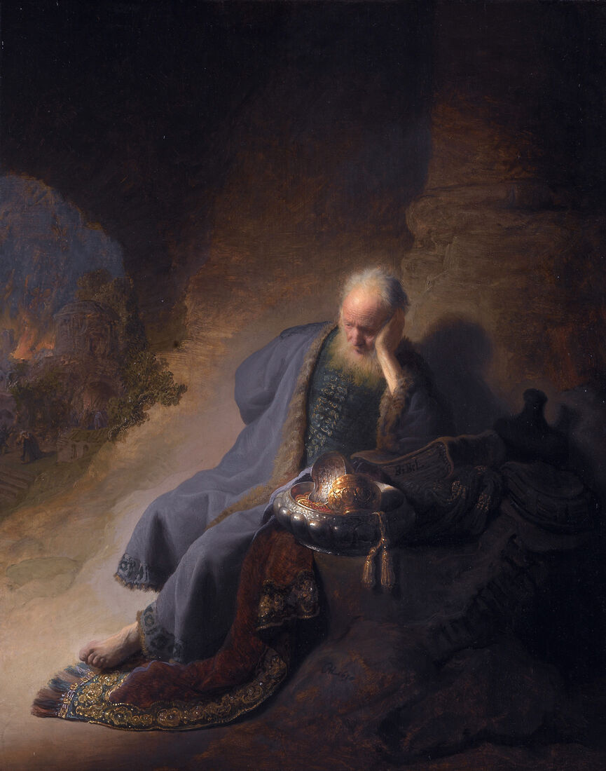 Rembrandt, "Jeremiah Lamenting the Destruction of Jerusalem" (1630). The burning of the city is a distant spark on the left; all the light is given to the face of the prophet who foretold it all, was not heard, and has now outlived the end of his world.