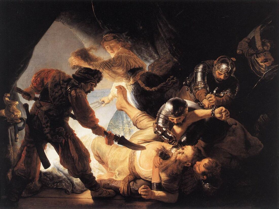 Rembrandt, "The Blinding of Samson" (1636). The betrayed hero is thrown to the ground and his eyes are put out — the strength given by the Spirit and the blindness that overtakes it: the whole age of the judges in a single flash of light and blood.