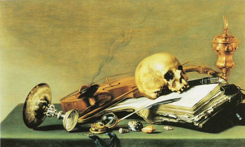 Pieter Claesz, "Vanitas" (1628). A skull upon an open book, a violin, an overturned goblet, a clock, a snuffed-out candle: wisdom, art, wealth, time — "vanity of vanities, all is vanity."