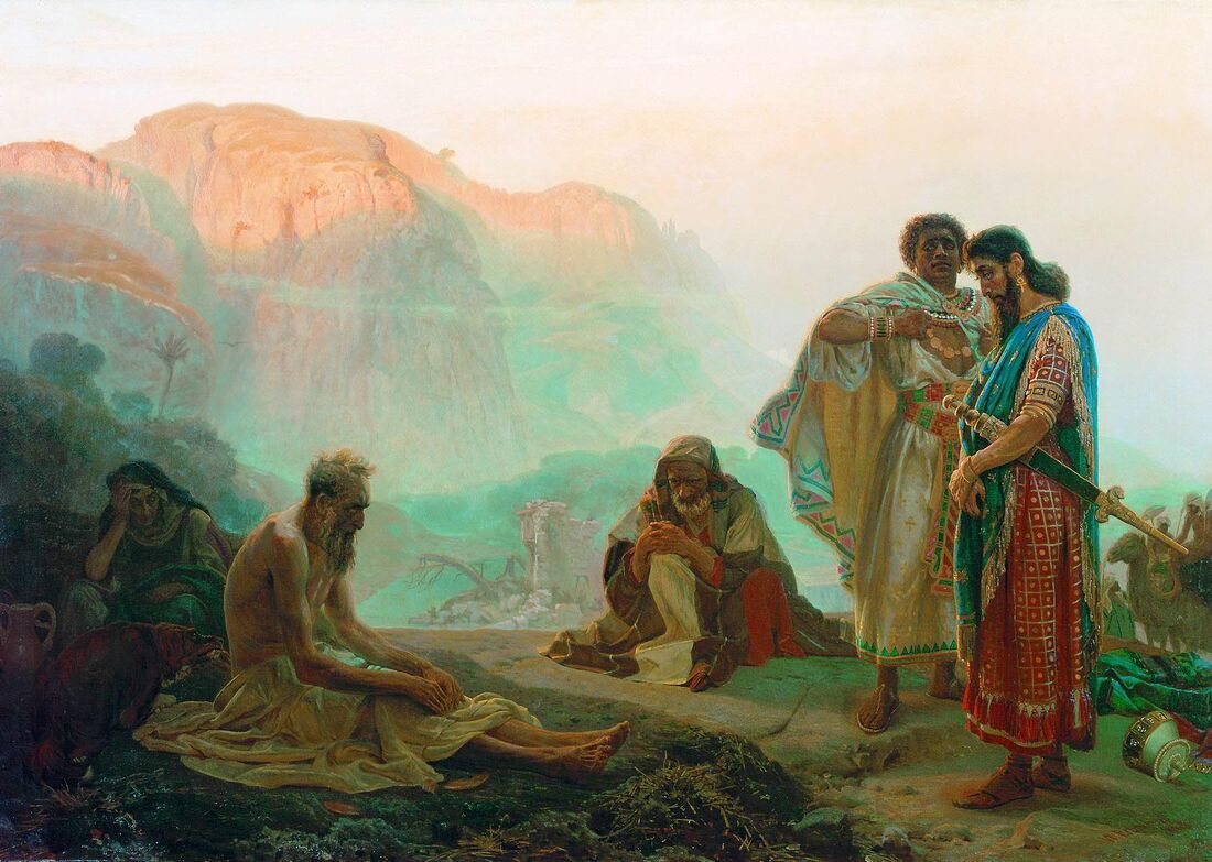 Ilya Repin, "Job and His Friends" (1869). Job in the dust, destitute and naked — while his finely dressed theologian friends explain to him that he is to blame himself: suffering must fit the scheme.