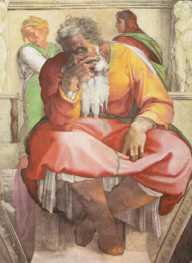 Michelangelo, "The Prophet Jeremiah" (Sistine Chapel, 1512). Bowed, his head propped on his hand, the prophet is crushed by the weight of what he sees — the conscience of history, to which no one listens.