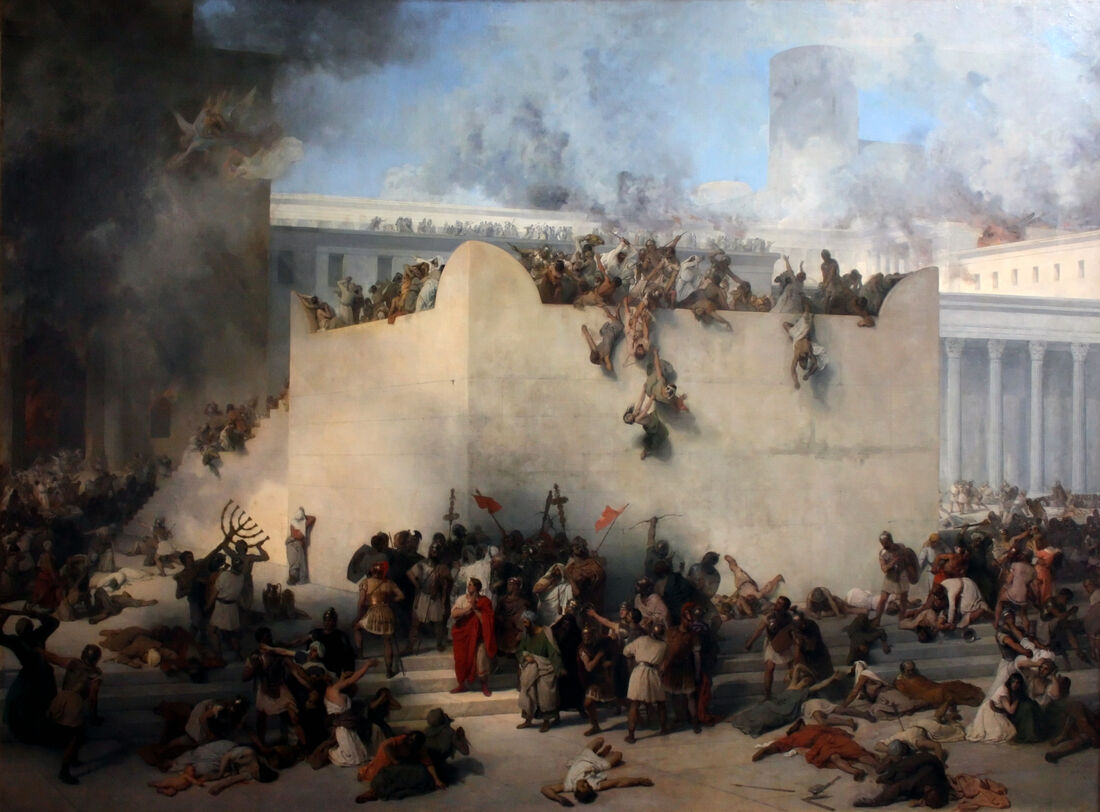 Francesco Hayez, "The Destruction of the Temple of Jerusalem" (1867). Smoke, collapsing walls, bodies on the steps, and the sacred menorah being carried away — the eternal image of the catastrophe in which everything that upheld the whole of faith burns down.