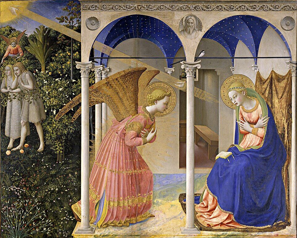 Fra Angelico, "The Annunciation" (c. 1426, Prado). The archangel and the Virgin lean toward each other beneath an arch; in the upper left corner, the expulsion of Adam and Eve from paradise. A single panel binds the two "noes" of Eden and the one "yes": there, where the old couple went out of the garden, Mary says "let it be to me according to your word" — and the door once slammed shut is opened by the first free human consent.