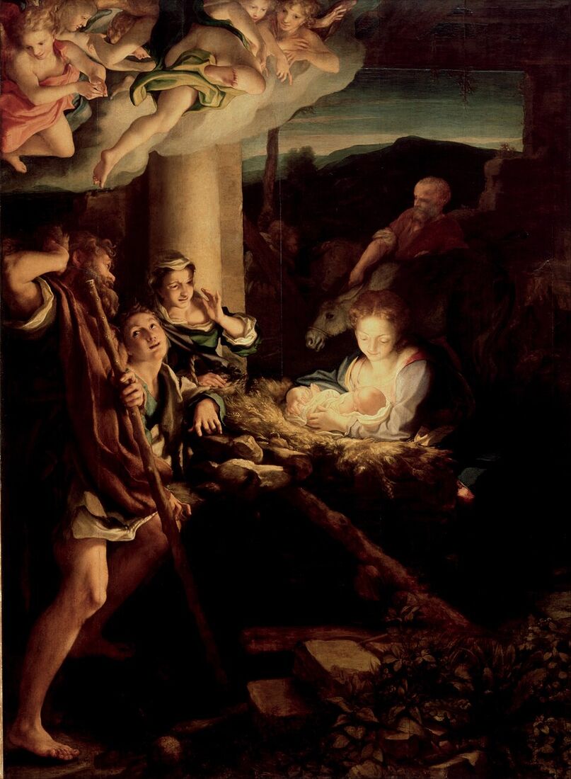 Correggio, "Holy Night" (c. 1525–30). In the whole picture there is no other source of light than the Child himself: from him comes a radiance from which a servant shields her eyes, and out of which the shepherds' faces emerge from the darkness. The theology of the Incarnation, written in light — God enters the world not as thunder from above but as light from below, out of weakness.
