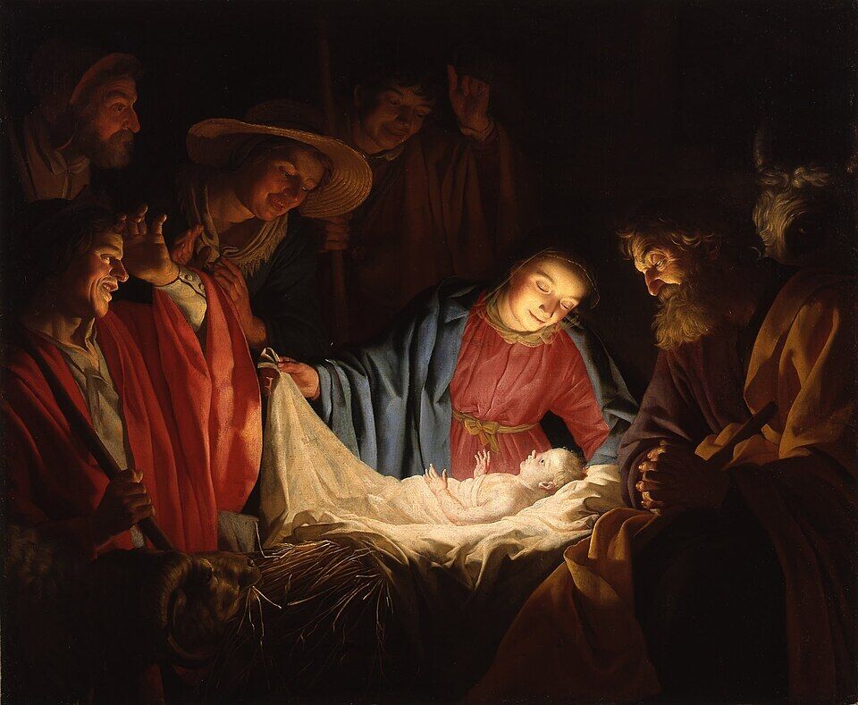Gerard van Honthorst, "Adoration of the Shepherds" (1622). The darkness is nearly total — and the only lamp within it lies in the manger. The coarse faces of the shepherds receive features for the first time, drawn out of the gloom by the light coming from the Child: the first to come to the light are those who had no face.