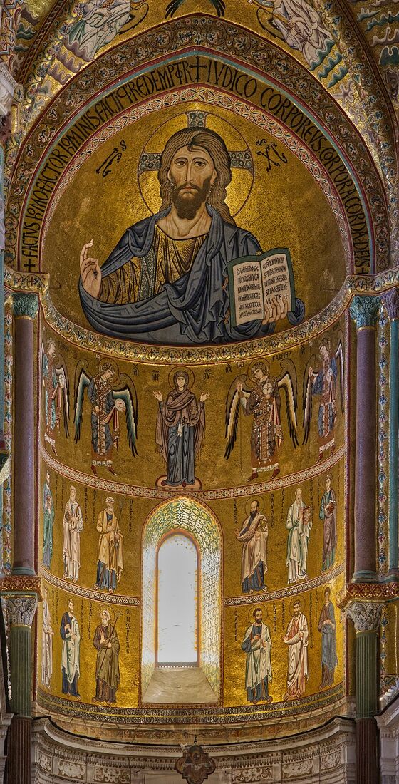 Christ Pantocrator (mosaic of Cefalù Cathedral, c. 1130). In the span of a single millennium the Shepherd with his sheep ascends to the imperial throne of the Almighty: gold, vaults, a hierarchy of ranks. The ideal has become an institution, the institution power.