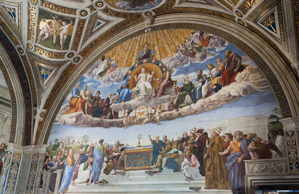 Raphael, "Disputation" (1509–1510). The Church in triumph: heaven and earth, saints and theologians converge upon a single Chalice in ordered harmony. The magnificent body of the ideal — and a beauty that risks forgetting the catacomb.
