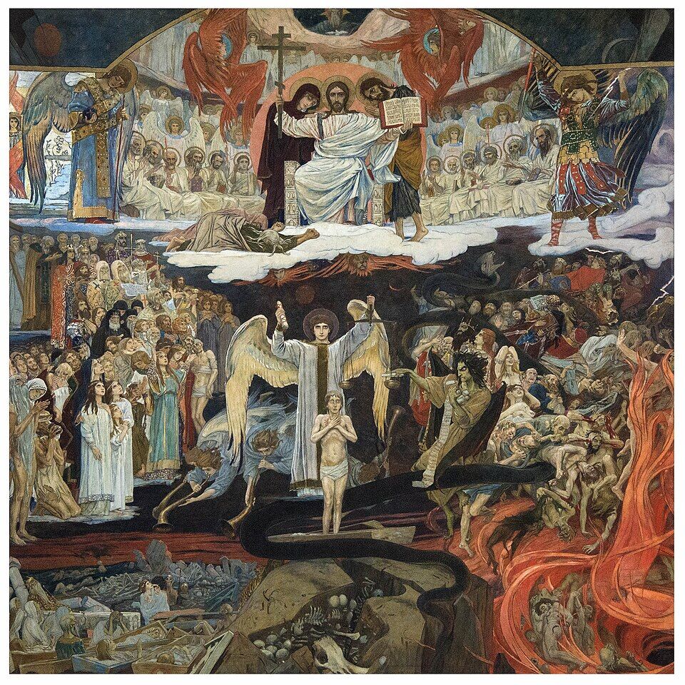 Viktor Vasnetsov, "The Last Judgment" (1904). An angel with scales weighs the souls; the Judge in glory bears the wounds of the Crucified. Judgment not as a reduction to a dossier, but as an encounter: to be seen to the very end by Love and not destroyed.