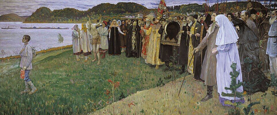 Mikhail Nesterov, "The Soul of the People" (1916). A people on the way toward the invisible: ahead a sick boy, and behind him peasants, monks, a holy fool, the faces of Dostoevsky and Tolstoy. Finished on the eve of the collapse beyond which prison and the camps awaited many.