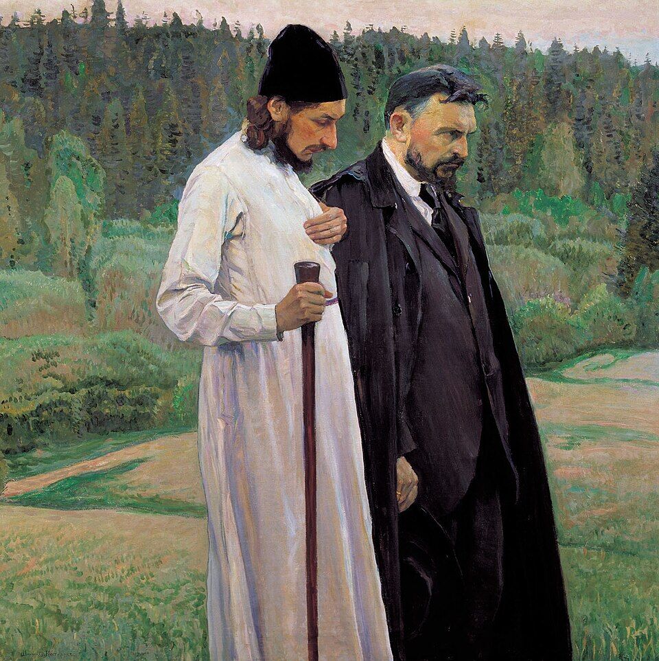Mikhail Nesterov, "The Philosophers" (1917): Pavel Florensky in a white cassock and Sergei Bulgakov. Twenty years later Florensky would be shot in a camp — the witness the station has in mind: a person not reduced to a number.
