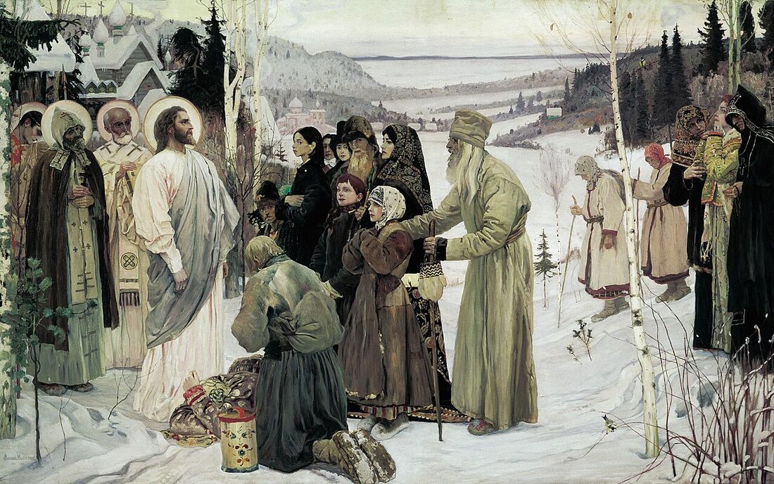 Mikhail Nesterov, "Holy Rus" (1901–1906). Christ with the saints appears in the snow to the suffering and the seeking — the sick, the poor, the kneeling. The faith of a people that would soon be tested to the breaking point.