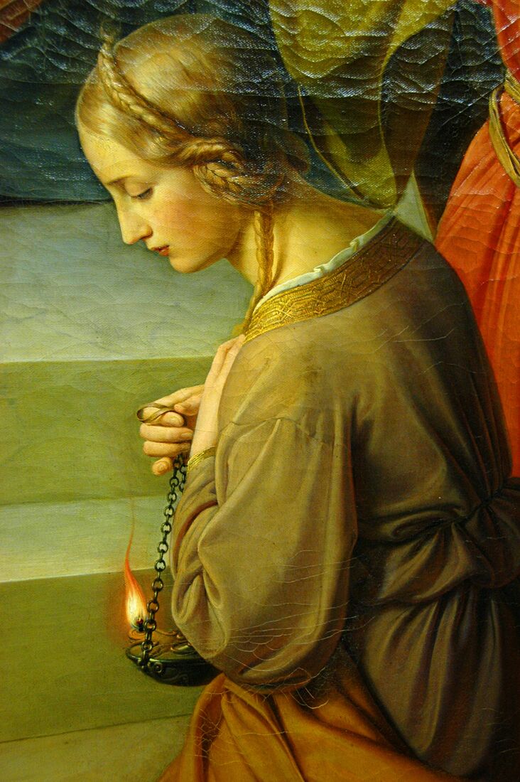 F. W. Schadow, "The Wise and Foolish Virgins" (detail). The wise virgin has bowed her head and keeps her lamp burning — the whole parable of waiting: you do not know the hour, so keep the flame and do not sleep.