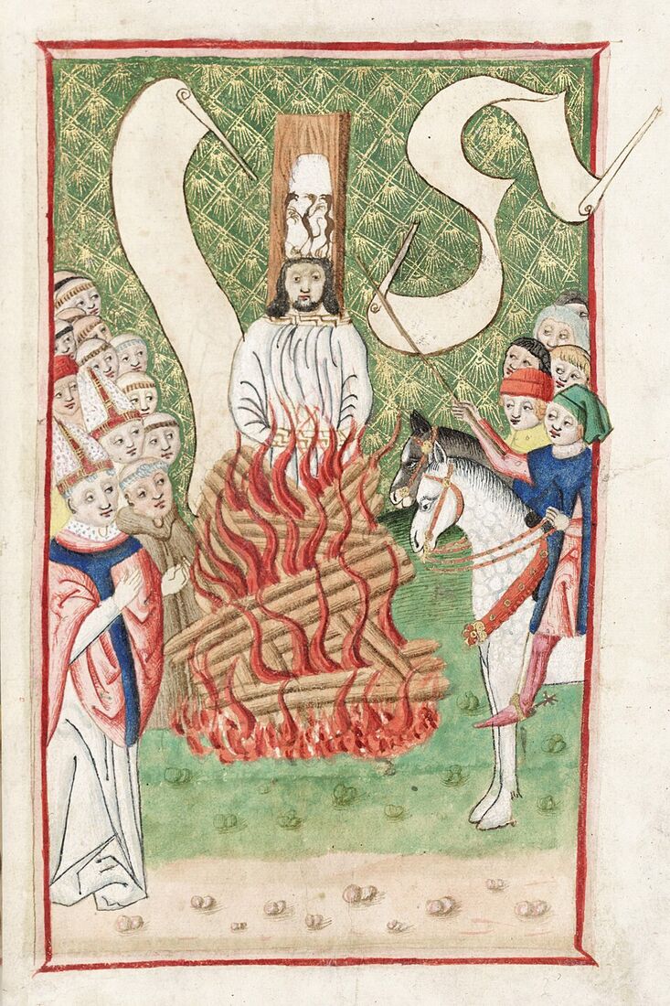The Burning of Jan Hus (miniature, 15th century). The reformer is burned at the stake in a paper fool's crown marking the heretic; on the left, bishops in mitres. The Church, having become power, for the first time turns fire against those who demand its purification — a century before Luther.