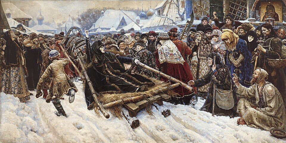 Vasily Surikov, "Boyarynya Morozova" (1887). The Russian schism: for the sign of two fingers a woman is carried off to torment through the snow, and the people are torn through the living flesh right along the sleigh's path. The black wedge of her figure cleaves the crowd as the schism cleaved Rus.