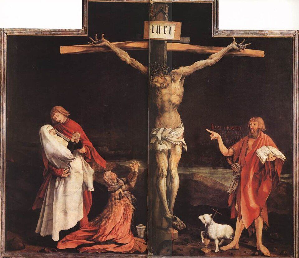 Matthias Grünewald, the Crucifixion of the Isenheim Altarpiece (1512–1516). The most terrible Crucifixion in art: a body covered in the sores of the hospital's sick, contorted fingers, the green flesh of decay — God who has taken upon himself precisely your illness.