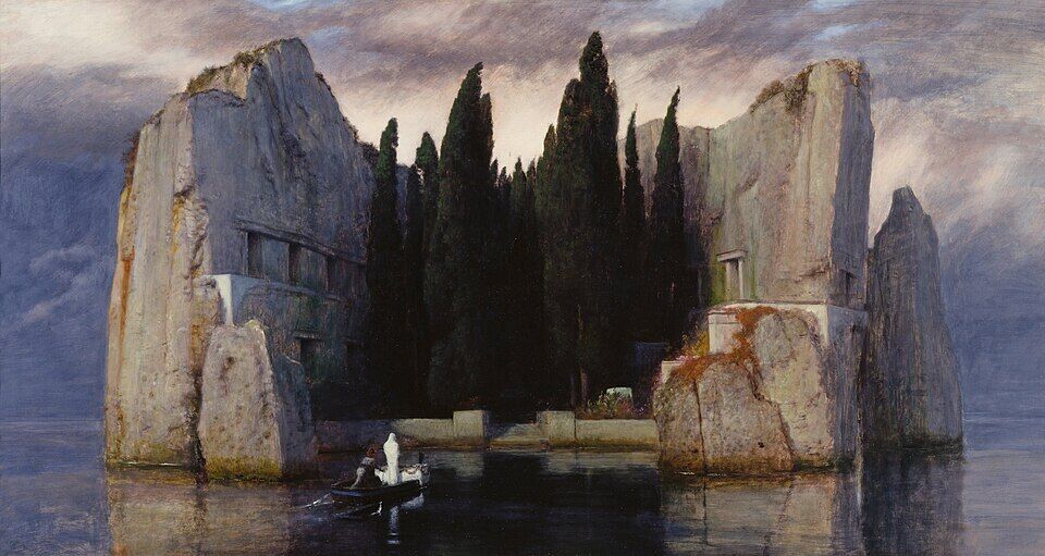 Arnold Böcklin, "Isle of the Dead" (1883). A silent island, a boat with a white figure, cypresses — death without heaven or resurrection, only a mute classical sorrow. The sublimation of the end in a world from which God has departed.