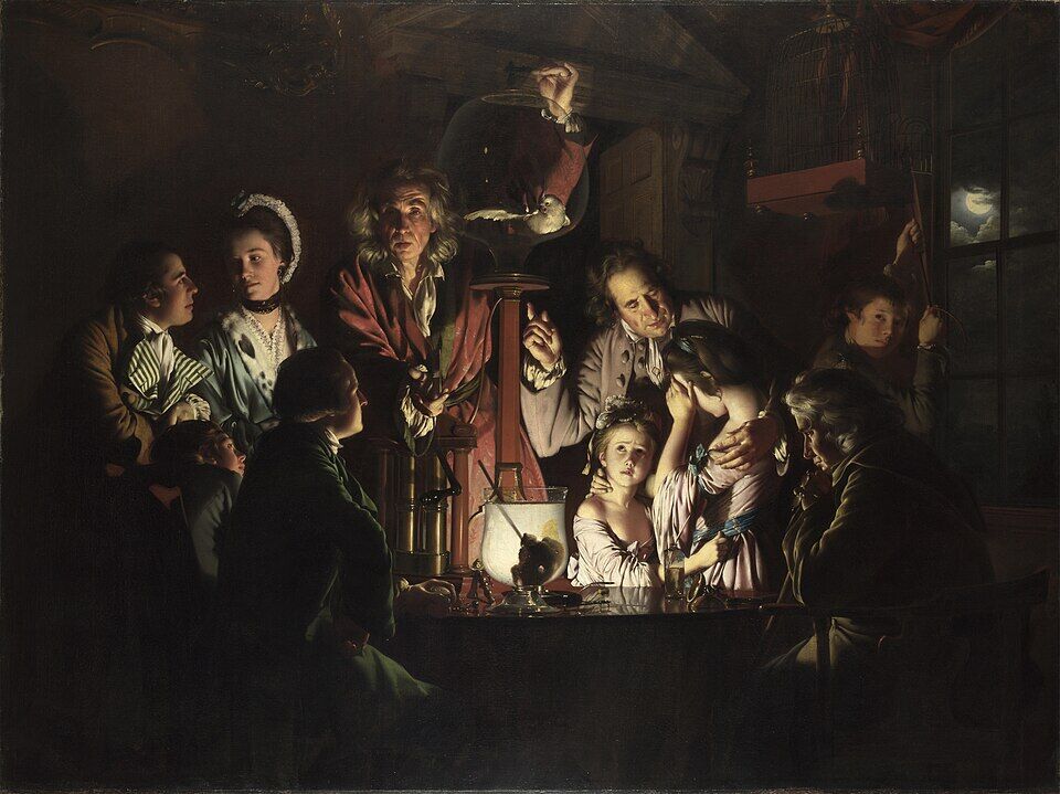 Joseph Wright of Derby, "An Experiment on a Bird in the Air Pump" (1768). The scientist in the role of priest, by lamplight pumping out the air while the bird dies before the eyes of weeping children. Reason takes the place of the altar — the new power of the Enlightenment.