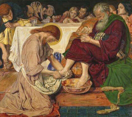Ford Madox Brown, "Christ Washing Peter's Feet" (1852). The King, girded with a towel, kneels before his disciple; Peter draws back, unable to accept that the Lord serves him. "Whoever would be greater among you, let him be your servant" — power is turned upside down: dominion gives way to service.