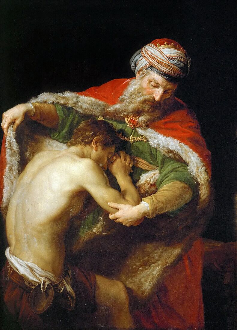 Pompeo Batoni, "The Return of the Prodigal Son" (1773). The father in rich garments embraces his half-naked, kneeling son, who hides his face against his chest. The parable inverted: it is not the sinner who searches painfully for God — God himself goes out to meet him and runs to embrace.