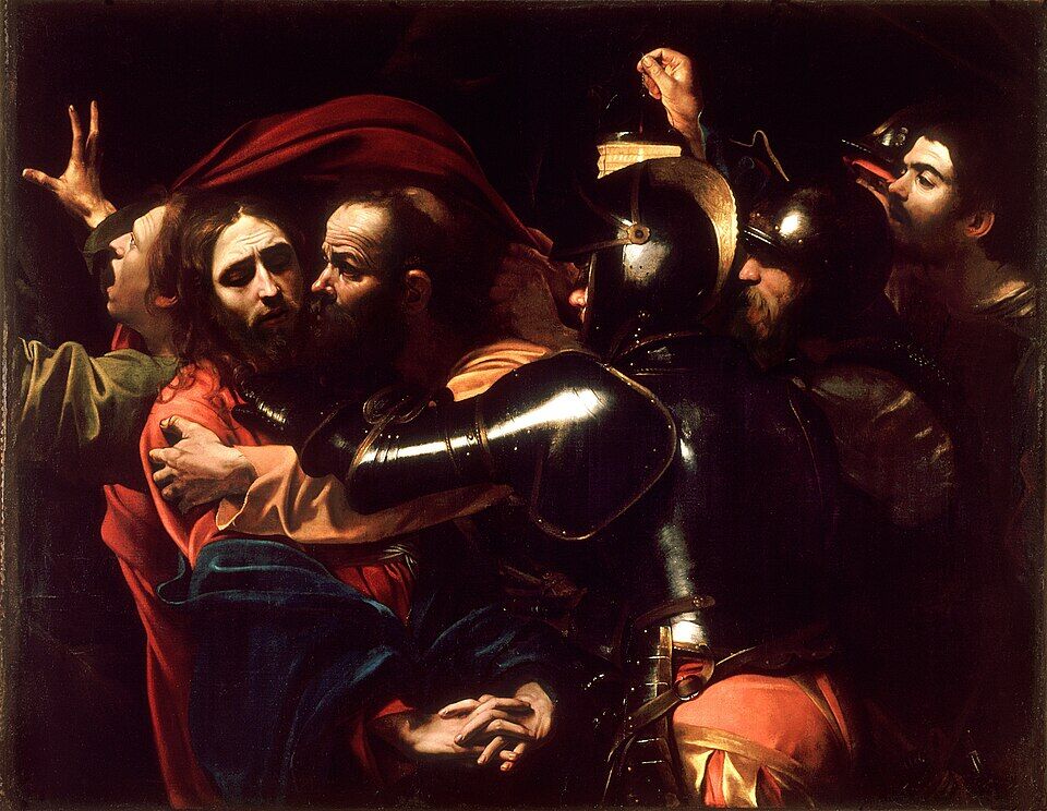 Caravaggio, "The Taking of Christ" (1602). Judas seizes and kisses the Master; the black-armored guard reaches to grasp him; Christ's hands are folded without resistance — he is not the victim of circumstances, he chooses. On the left a fleeing disciple cries out; on the right Caravaggio himself holds the lantern.