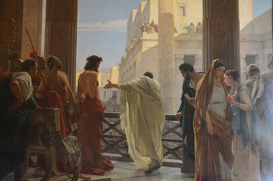 Antonio Ciseri, "Ecce Homo" (1871). Pilate from the balcony shows the crowd the beaten, thorn-crowned Christ: "Ecce homo." Below the square roars, on the right the women turn away. The trial is done — freedom that has chosen sacrifice leads to the cross.