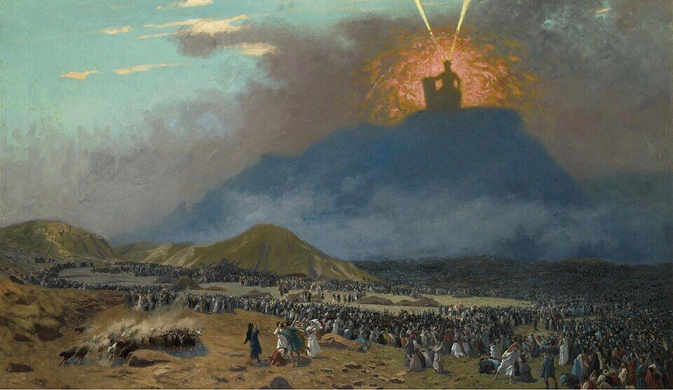 Jean-Léon Gérôme, "Moses on Mount Sinai" (1895–1900). The mountain wrapped in cloud and fire, at its summit a tiny Moses in radiance, and below the whole people frozen still: the law is given in fear and trembling.