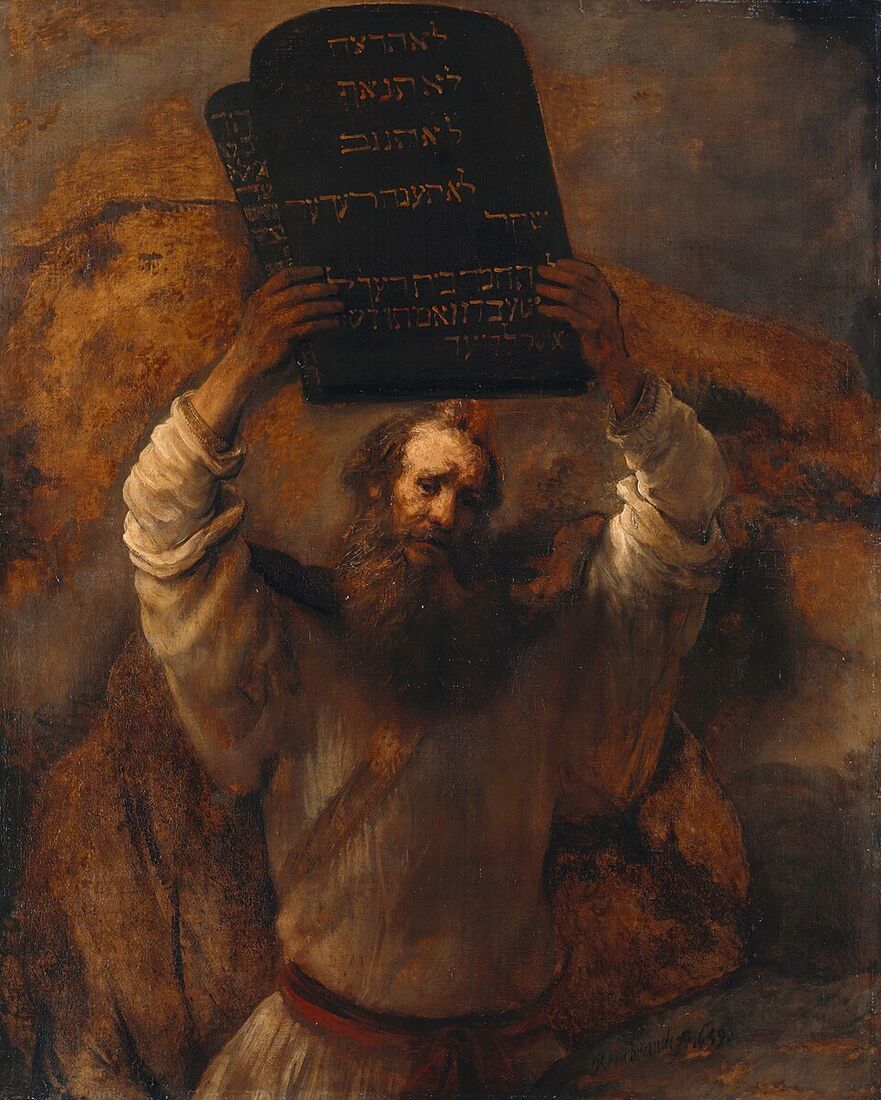 Rembrandt, "Moses with the Tablets of the Law" (1659). Moses raises the tablets above his head — whether to reveal the covenant or to shatter them before a people that has fallen away.