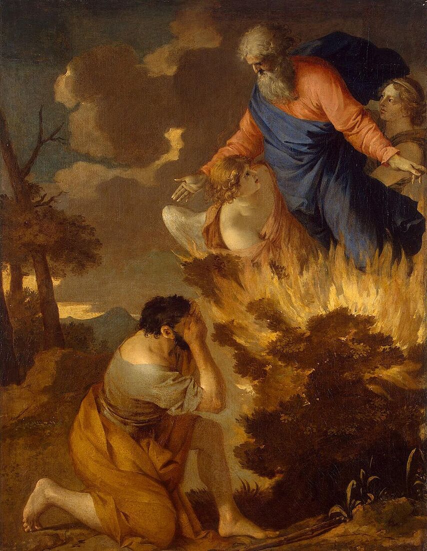 Sébastien Bourdon, "The Burning Bush" (17th century). The old fugitive by the bush that burns and is not consumed hears the same voice that called Abraham: "Go."