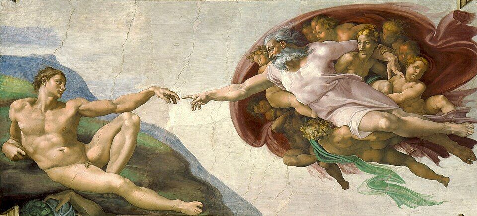 Michelangelo, "The Creation of Adam" (Sistine Chapel, 1512). The Creator's finger almost touches Adam's limp hand — life and freedom are passed across a gap that the human is free not to close.