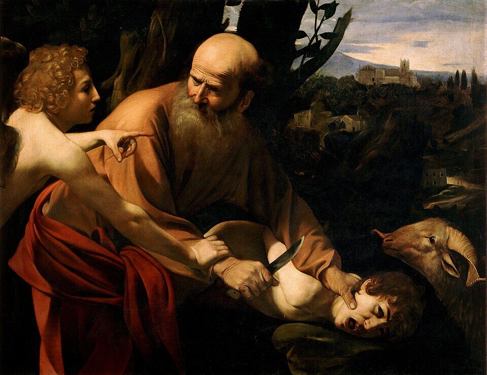 Caravaggio, "The Sacrifice of Isaac" (c. 1603). The knife at the throat, the boy's cry, the angel's finger pointing to the ram — the instant in which the entire ancient world of blood sacrifice collapses.