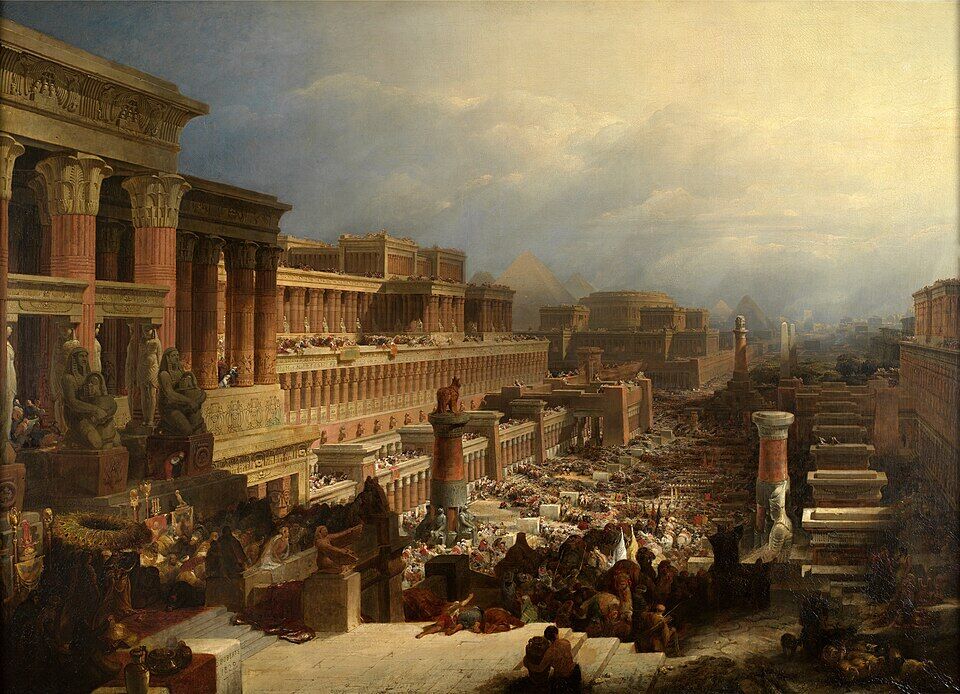 David Roberts, "The Israelites Leaving Egypt" (1828). A countless multitude departs from beneath the shadow of Egypt's colossi — slavery still behind them, and freedom already terrifying.