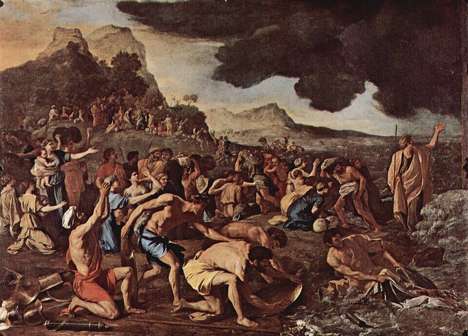 Nicolas Poussin, "The Crossing of the Red Sea." The waters part and close again behind them — the old life of slavery drowns forever.