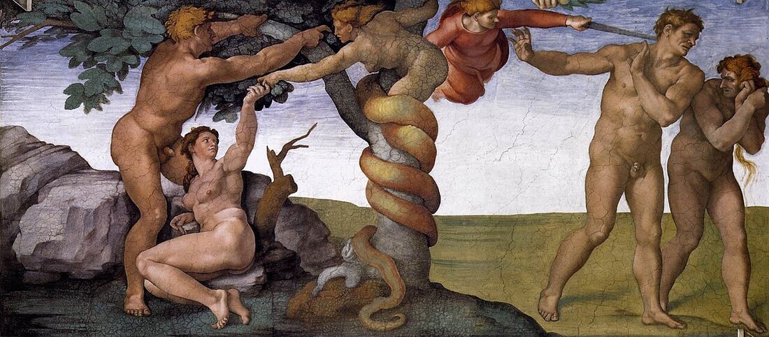 Michelangelo, "The Fall and Expulsion" (Sistine Chapel). A single gesture — from the tree to the angel's sword: the tasting and the punishment in one fresco.