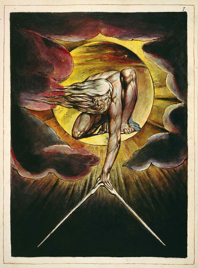 William Blake, "The Ancient of Days" (1794). God the architect draws the boundaries of the world with a compass — creation as design and measure, cast out into the void.