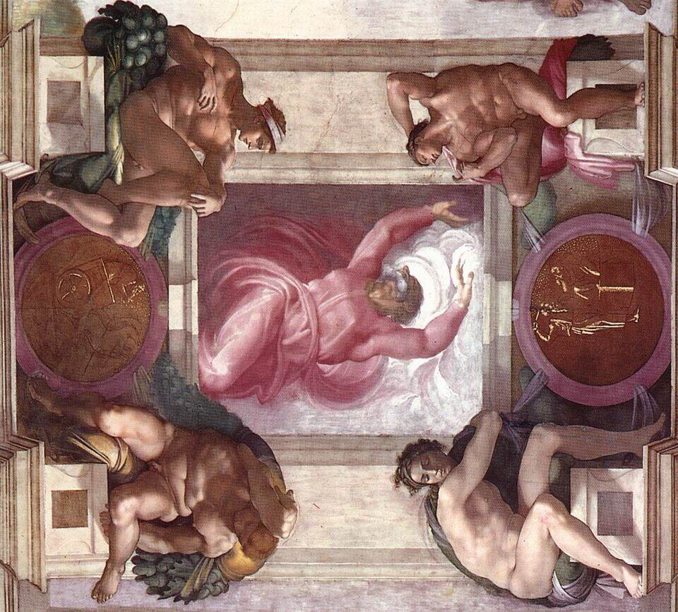 Michelangelo, "The Separation of Light from Darkness" (Sistine Chapel). That very "let there be light": God in a whirlwind cleaves the chaos — the beginning that in Haydn will become the burst of C major.
