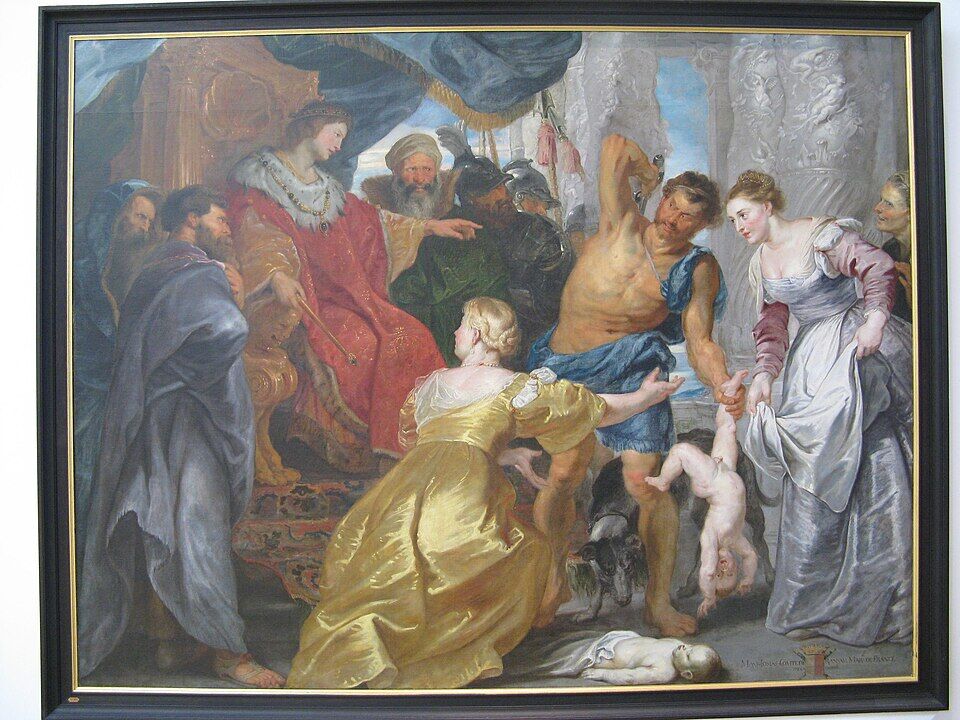 Peter Paul Rubens, "The Judgement of Solomon" (1617). The sword is raised over the living infant, and the true mother rushes to save him: the highest thing power is capable of is not force but righteous judgment.