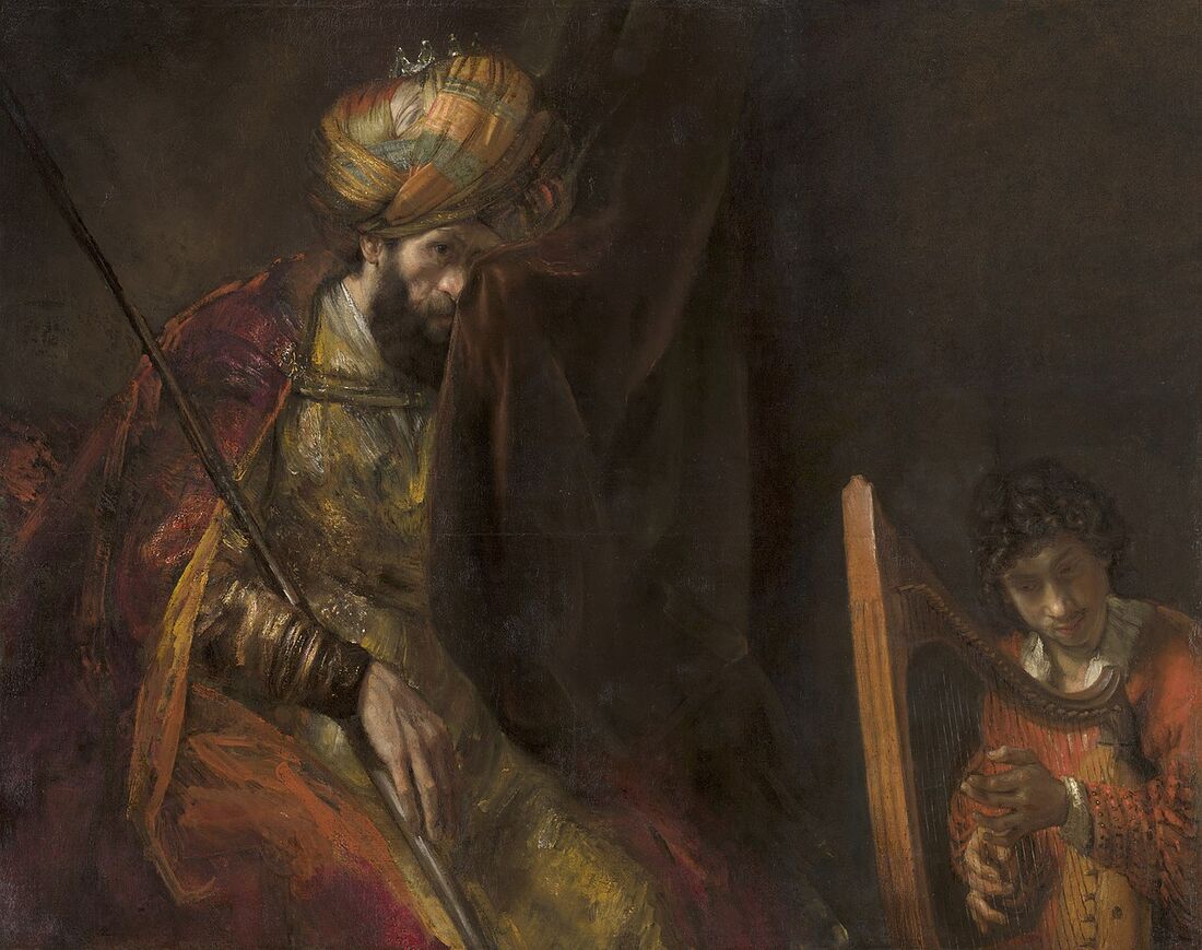 Rembrandt, "Saul and David" (c. 1655). King Saul, consumed by black envy, wipes away a tear with the edge of the curtain while the young David plays the harp: power that can no longer be held devours the one who bears it.