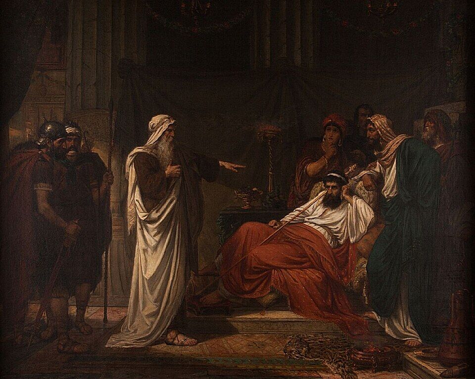 Eugène Siberdt, "The Prophet Nathan Rebukes King David" (19th century). The unarmed prophet points his finger at the all-powerful king: "You are the man" — and the king, who has the power to execute, recoils in shame.