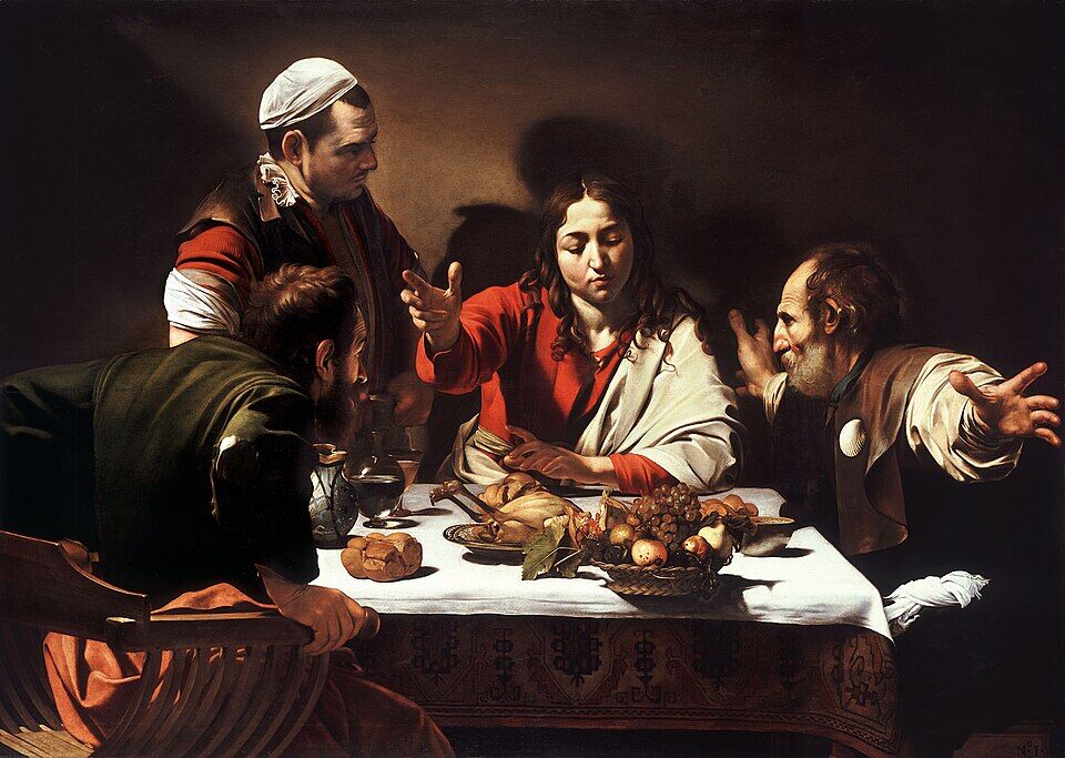 Caravaggio, "The Supper at Emmaus" (1601). The instant in which two disciples recognize the Risen One in the breaking of bread: one recoils, the other flings his arms wide. The light tears the scene out of the darkness — recognition as a flash.