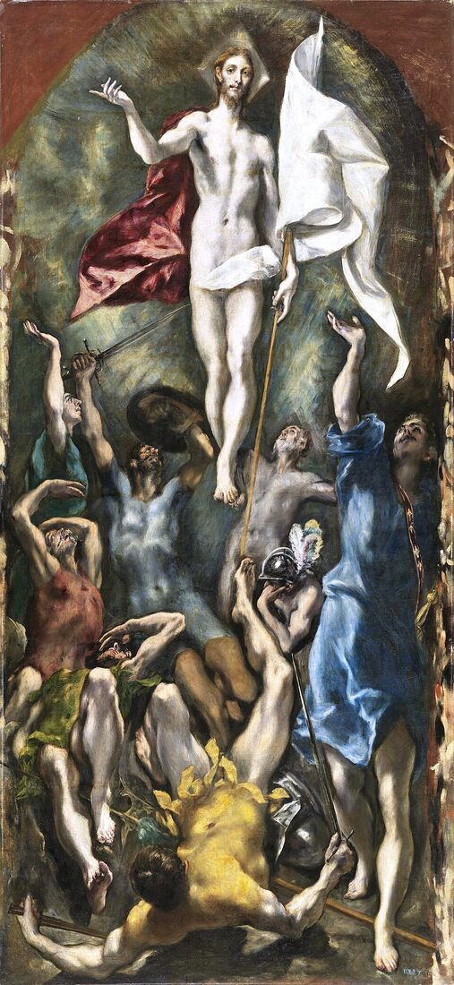 El Greco, "The Resurrection" (c. 1600). A vertical explosion: Christ soars up with a white banner, weightless as a flame, while the guards tumble down. Not a triumph after death, but an irruption of life that overturns the world.