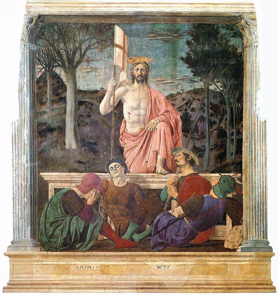 Piero della Francesca, "The Resurrection" (c. 1465). The risen one looks straight at the viewer, one foot set upon the edge of the tomb; the guards sleep, the world has not noticed. The landscape is split in two: bare winter trees on the left, green ones on the right. Aldous Huxley called it "the best picture in the world."